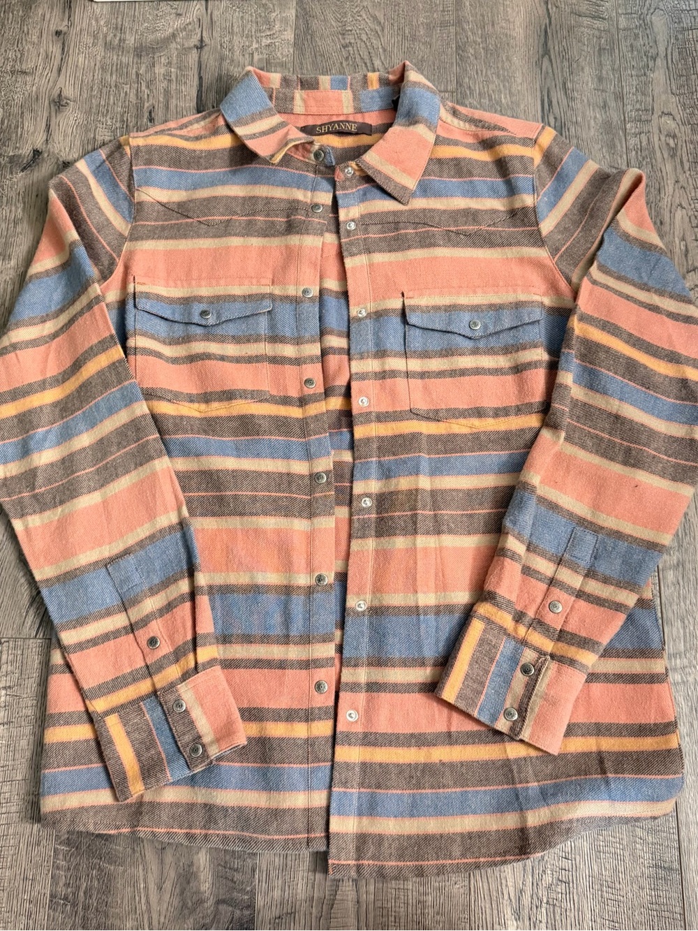 Shyanne Striped Button-Down Shirt in Peach, Blue & Brown